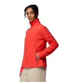 Campera de polar Columbia modelo Fast Trek II, color rojo, con cierre frontal completo, cuello alto, bolsillos laterales con cierre y un bolsillo adicional con cierre en la manga izquierda.