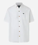 Camisa de corte relajado para hombre, confeccionada en una mezcla de cáñamo y algodón. Presenta cuello inglés, mangas cortas, cierre frontal con botones y un bolsillo de parche en el pecho con una pequeña etiqueta de la marca Ripping.