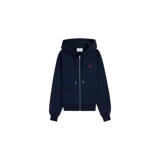 Campera canguro de felpa azul marino con cierre frontal completo, capucha con cordón ajustable, bolsillos tipo kanteen y pequeño bordado rojo del logotipo Ami de Coeur en el pecho.
