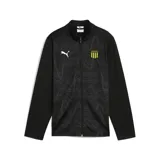Campera deportiva Puma del Club Atlético Peñarol, color negro con cierre frontal completo. Presenta un diseño gráfico de líneas onduladas en el panel frontal, el logo de la marca en blanco y el escudo del club en amarillo y negro.