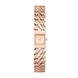 Reloj Michael Kors modelo Darrington, con caja cuadrada y pulsera de eslabones entrelazados, ambos en acero inoxidable color oro rosa. La esfera es rosa suave con agujas y marcadores de hora minimalistas. Resistencia al agua de 5 ATM.