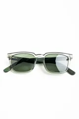 Lentes de sol polarizados con armazón transparente y patillas de madera, con cristales oscuros.