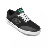 Championes de skate Emerica modelo Phocus G6, color negro con detalles en blanco y amarillo. Presentan una construcción resistente con puntera reforzada, suela de goma blanca y cordones blancos.