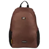 Mochila marrón de poliéster con revestimiento de PU, marca Caterpillar, modelo Tokyo Urban. Cuenta con compartimento trasero acolchado para portátil, correas ajustables de malla, etiqueta tejida, cincha frontal reflectante, asa de agarre, y dos bolsillos laterales de malla.