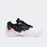 Championes de tenis Joma modelo Set Lady 25, diseñados para jugadoras de nivel intermedio. Presentan una combinación de colores blanco, negro y rosa, con detalles en celeste. Confeccionados con malla transpirable VTS, refuerzos termosellados SPORTECH y PROTECTION, mediasuela de phylon con tecnología STABILIS para mayor estabilidad y suela de caucho DURABILITY apta para todo tipo de pistas.
