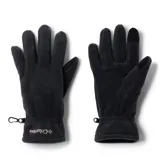 Guantes de polar negro con diseño de cinco dedos, logo de la marca bordado en el dorso y detalle de gancho en la muñeca.