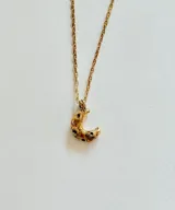 Collar de plata con baño de oro, con cadena fina de eslabones y dije en forma de luna creciente con textura irregular.