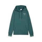 Buzo con capucha Puma, color verde esmeralda, con bolsillo frontal tipo canguro, mangas largas con puños acanalados y detalle de líneas blancas en los bordes. Presenta estampado gráfico pequeño en el pecho con el logo de la marca.