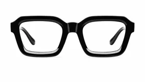 Armazón de receta con diseño cuadrado y bordes gruesos, fabricado en policarbonato francés de color negro brillante.