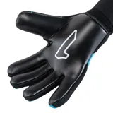 Guantes de arquero Rinat modelo Egotiko X Training, con palma de látex negro y dorso azul con detalles gráficos en blanco y dorado. Cuentan con cierre de muñequera elástica ajustable.