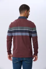 Remera polo de manga larga con diseño de rayas horizontales en tonos azul marino, marrón y gris. Presenta cuello camisero con cierre de botones y puños elásticos en las mangas.