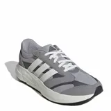 Championes urbanos Adidas modelo Light Shift 2.0, color gris con detalles en blanco y negro. Presentan una combinación de malla y gamuza en el exterior, con las icónicas tres tiras laterales y tecnología de amortiguación Lightmotion en la entresuela.