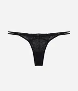 Bombacha colaless de encaje floral negro, con diseño de elásticos laterales dobles y forro de algodón.