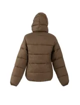 Campera inflada de nylon color azul marino, con cierre frontal, capucha integrada y diseño acolchado.