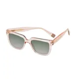 Lentes de sol con armazón de acetato en tono coral traslúcido y cristales degradados en tono gris verdoso. Presentan un diseño de marco cuadrado con detalles grabados en las patillas.
