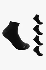 Pack de cinco pares de medias afelpadas de caña corta para caballero, color negro, con talón y puntera reforzados en gris oscuro y logo de la marca en la puntera.
