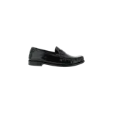 Mocasines slip-on Saint Laurent Le Loafer de cuero charol negro, con diseño clásico de antifaz en el empeine y detalle de monograma metálico grabado.