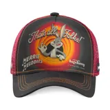 Gorro tipo trucker con frente estampado de Bugs Bunny y la frase That's all folks, con paneles laterales y traseros de malla en color bordó y visera curva negra con costuras en contraste.