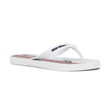 Chinelas de goma azul marino con estampado de palmeras en gris y detalles en amarillo flúor.