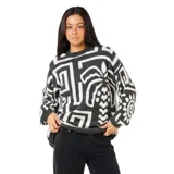 Buzo de tejido de punto con diseño estampado de palmeras y formas geométricas en contraste blanco y negro, cuello redondo y mangas largas.
