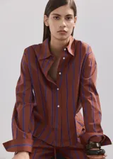 Blusa de algodón marrón con rayas verticales azules, corte recto, cuello camisero, manga larga con puños abotonados y cierre frontal de botones.