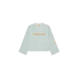Buzo crewneck Eme Studios con diseño a rayas horizontales en color blanco y verde claro, manga larga y el logo de la marca estampado en el pecho en tono naranja.