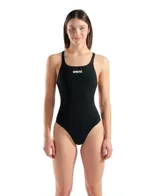 Malla enteriza de natación Arena Team Swimsuit Pro color negro, con diseño deportivo de espalda cruzada y el logo de la marca estampado en el pecho en color blanco.