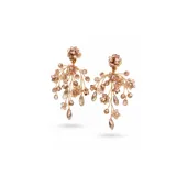Caravanas colgantes de diseño artesanal, compuestas por una estructura de alambre dorado que sostiene múltiples cristales en tono rose gold con forma de gotas y esferas facetadas, creando un efecto de rama.