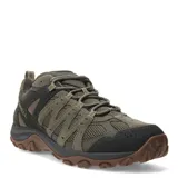 Zapatos de senderismo Merrell modelo Accentor 3, color verde oliva con detalles en negro y suela de goma color marrón. Confeccionados en una combinación de gamuza y malla transpirable, cuentan con cierre de cordones y diseño robusto para mayor tracción y estabilidad.