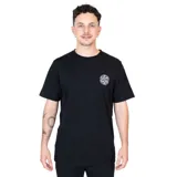 Remera negra de algodón y poliéster con cuello redondo y manga corta. Estampado pequeño en el pecho con el logo de la marca y la frase "Paradise Huntington Beach".