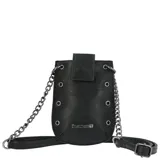Cartera bandolera Hush Puppies color negro, confeccionada en ecocuero. Presenta un diseño vertical con cierre de solapa con broche imantado, detalles de ojales metálicos laterales y correa combinada de cadena metálica y tira de ecocuero ajustable.