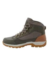 Botín de trekking RKF modelo Scafell, color verde, confeccionado en cuero y poliéster, con tecnología DryTech y suela Vibram. Cuenta con ajuste de cordones, detalles en tono marrón y suela de goma con tracción.