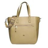 Cartera tipo shopper marca XL, color verde oliva, con textura granulada. Cuenta con doble asa de mano, correa ajustable extraíble, bolsillo frontal con cierre metálico y logo de la marca grabado en el frente.
