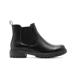 Bota tipo Chelsea de cuero negro, con paneles elásticos laterales y suela track dentada.