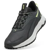 Championes Puma Extend Lite Trail color gris oscuro con detalles en verde flúor, ideales para trail running.
