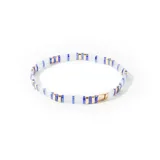 Pulsera elástica con cuentas de tila en color blanco, azul y dorado.