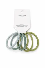 Pack de seis coleros elásticos para el cabello con acabado brillante y texturizado, en tonos degradados de verde y celeste.