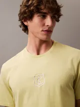 Remera color verde claro con cuello redondo y manga corta. Presenta un pequeño escudo bordado en el centro del pecho.