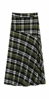 Falda midi de corte evasé con estampado de cuadros escoceses en tonos verde oliva, negro y blanco. Presenta un diseño con cortes asimétricos y cierre lateral.