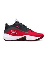 Championes de básquet Under Armour modelo Lockdown 7, con diseño en color rojo, negro y blanco. Presentan una parte superior de malla transpirable con superposiciones de cuero sintético, entresuela de EVA para mayor amortiguación y suela de caucho con patrón de tracción en espiga.