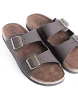 Sandalia tipo Birkenstock color negro con doble tira ajustable mediante hebillas metálicas y plantilla de corcho.