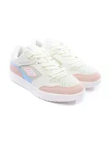 Championes urbanos Umbro modelo Shoots Lady, con diseño de paneles en colores pastel que combinan blanco, rosa, celeste y verde menta. Presentan el logo de la marca en el lateral y una suela de goma blanca.