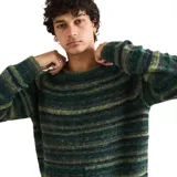Buzo de punto con diseño de rayas horizontales en tonos verdes y azules, cuello redondo y mangas largas con puños acanalados.