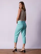 Pantalón capri de gabardina elastizada color beige, marca Zac & Reachel. Pretina ancha elastizada. Delantera y trasera con bolsillos simulados.