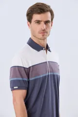 Remera polo de manga corta con diseño de franjas horizontales en tonos azul, beige, marrón y celeste. Cuenta con cuello camisero, cierre frontal de dos botones y pequeño logo bordado en el pecho.