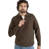 Buzo de tejido de punto color marrón, con cuello polo y cierre frontal parcial, de manga larga con puños y ruedo acanalados.