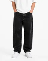 Jeans baggy color negro con lavado ácido y diseño holgado, confeccionados en denim de alta calidad con cinco bolsillos y cierre frontal.