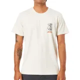 Remera color beige con estampado de calavera y palmera en el pecho y texto en color naranja.