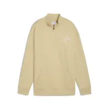 Buzo de cuello alto con cierre frontal parcial, color crema, con logo Puma bordado en el pecho y bolsillo tipo canguro frontal.
