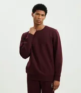 Buzo deportivo color bordó de manga larga y cuello redondo, con etiqueta aplicada en el lateral. Confeccionado en tejido de poliéster, viscosa y elastano, de secado ultrarrápido.